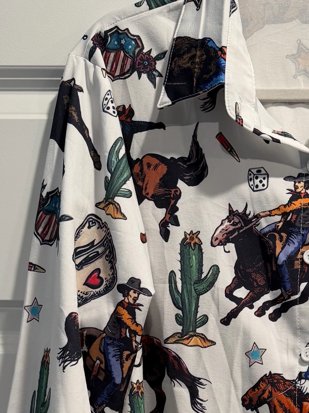Women's Western Print Button-Up Shirt - White with Multicolor Rodeo Motif